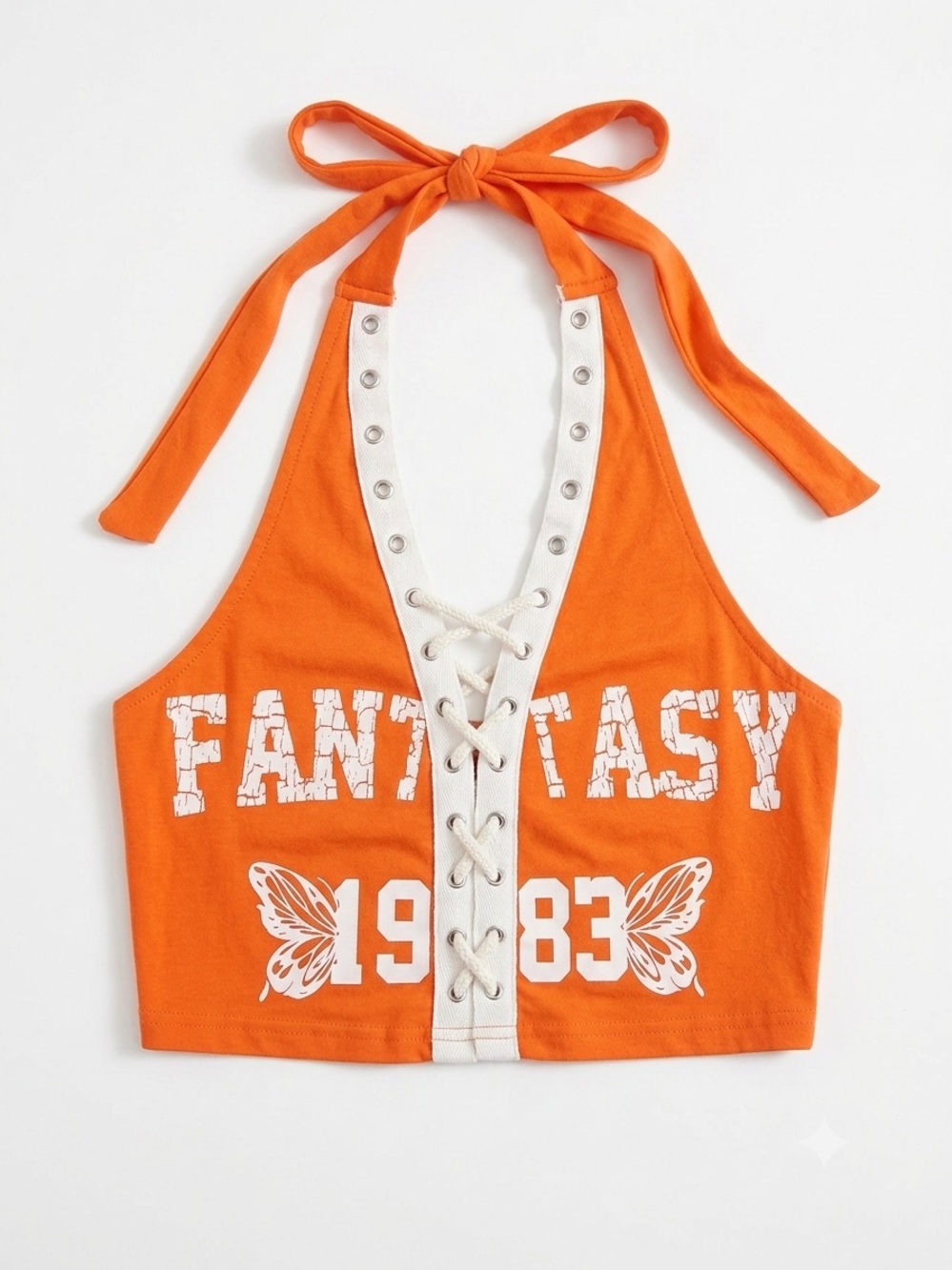 Orange Lace-Up Halter Crop Top with Butterfly Graphic